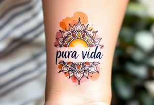 Boho-style “Pura Vida” with a mandala sun in ochre, terracotta, and soft pink behind it. tattoo idea