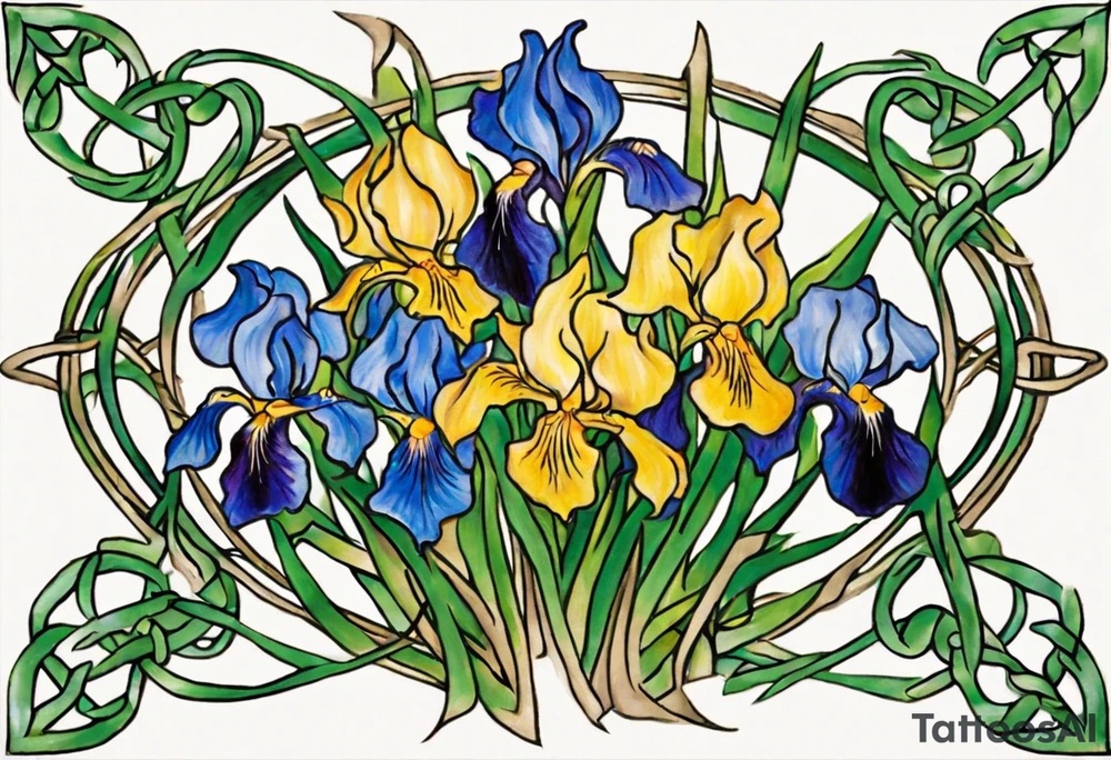 Create a small thick colorful Vincent van Gogh Irises tattoo , with vines in Celtic knots gracefully intertwining at a central point in the middle of the wreath.  The intended placement is on the upper chest. The overall design should be small in size while maintaining a delicate and artistic aesthetic. Pay attention to the graceful flow of the vines and the placement of the irises to achieve a refined and elegant look. tattoo idea