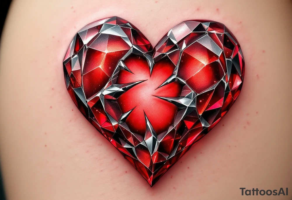 A heart-shaped crystal with a shattered effect, glowing in deep ruby red and silver, symbolizing how love makes us whole. tattoo idea