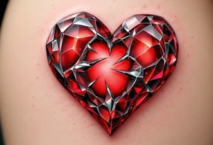 A heart-shaped crystal with a shattered effect, glowing in deep ruby red and silver, symbolizing how love makes us whole. tattoo idea