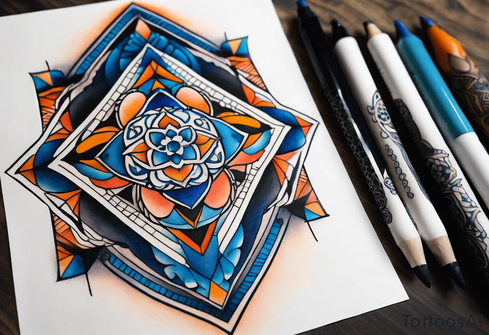 semi Detailed neo traditional knee tattoo flat on paper. The tattoo features geometric patterns and bold lines, creating a visually striking design with slight tints of deep fall colors. The background 
outside the tattoo features deep blues washes and water swirls tattoo idea