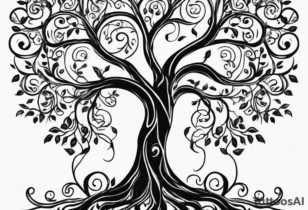Black and white folk art whimsical tree of life drawing with roots winding all over tattoo idea