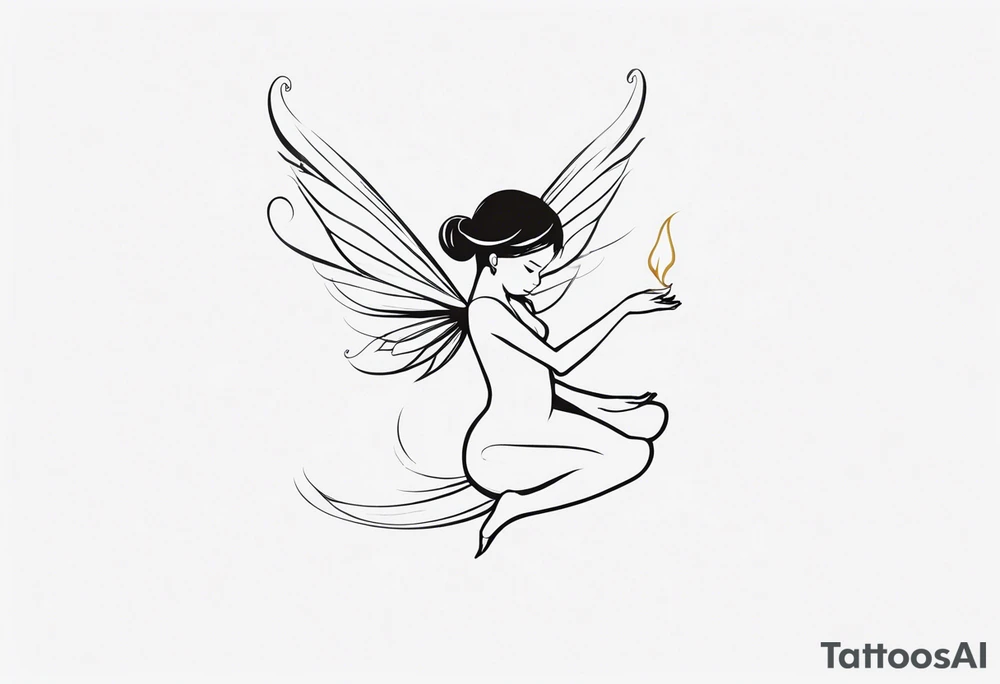 Minimalistic, monochromatic fairy with a tail flying to the left in a fetal position, leaning and looking in the same direction, with visible hands, embodying the 'Fairy Tail' logo aesthetic. tattoo idea