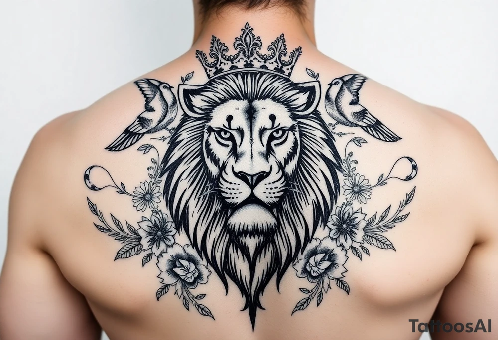 powerful majestic lion with a crown, surrounded by floral ornaments and birds tattoo idea