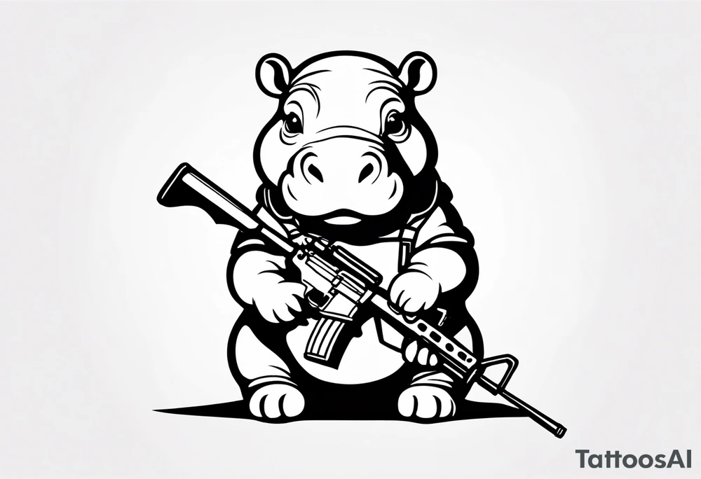 Baby hippo wearing a overalls and holding a sniper rifle tattoo idea