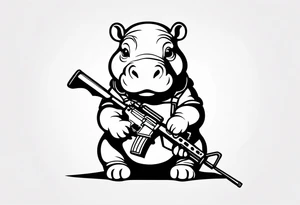 Baby hippo wearing a overalls and holding a sniper rifle tattoo idea