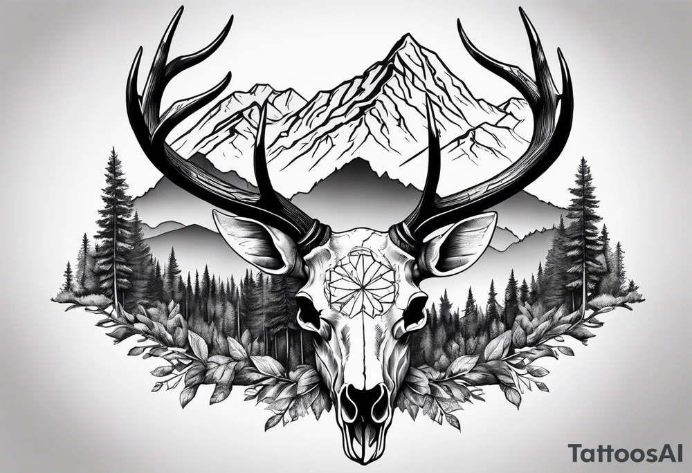 elk skull with mountains and trees tattoo idea