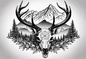 elk skull with mountains and trees tattoo idea