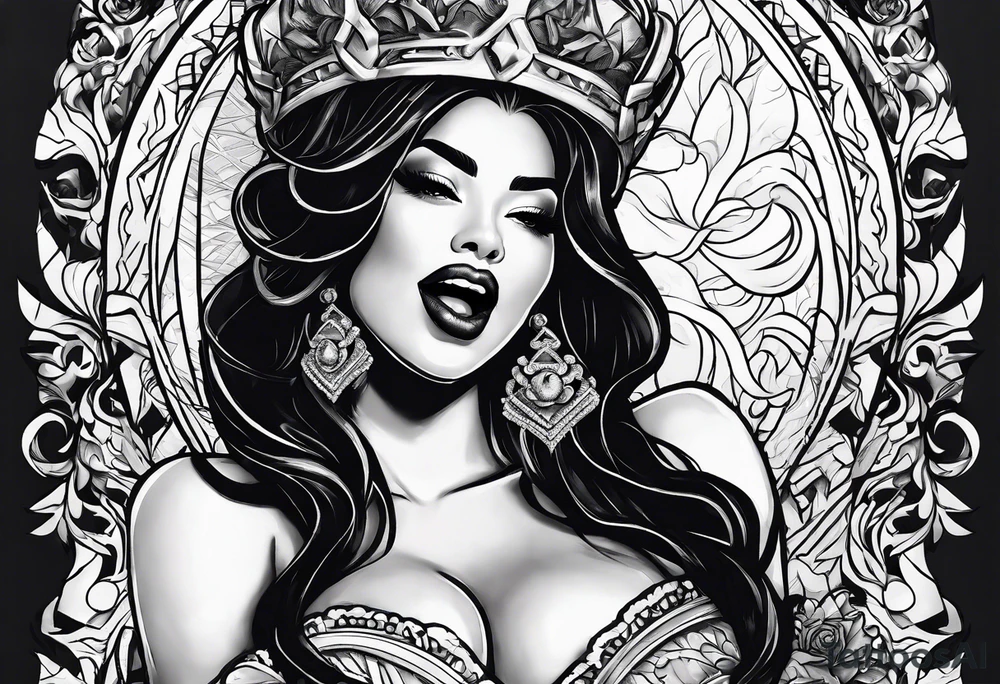 Latina Queen ahegao, tongue out drooling, happy, whitespace hentai tattoo idea