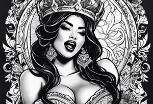 Latina Queen ahegao, tongue out drooling, happy, whitespace hentai tattoo idea