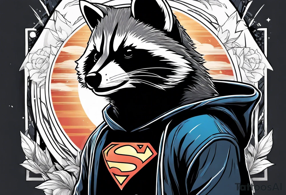 Raccoon wearing a white Superman logo on a black hoodie tattoo idea