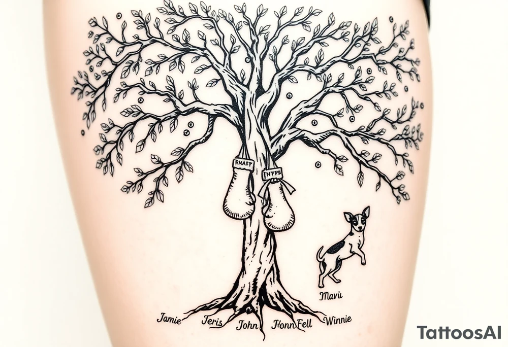 Hippy beech tree full of life. 
Jamie, Derek, Iris, John, bill, Winnie names in the roots, Mavis, Garhi, Mickey, Pam, Lucy, in the branches at the top. Names can be in Hebrew. 
Three dogs a Rhodesian Ridgeback, King Charles cavalier and chihuahua. 
Prett, feminine ornate. Boxing gloves hanging from tree tattoo idea