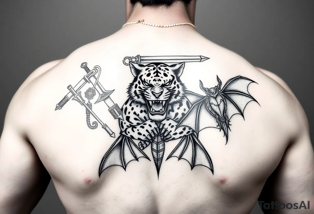 Tattoo design featuring Kuwabaras spirit Sword, Yusukes spirit gun, Toradoras palm top tiger, and the Deimon devil bat tattoo idea