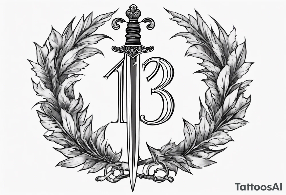 number 13 centered in a laurel leaf wreath and a sword going through the center of the wreath tattoo idea