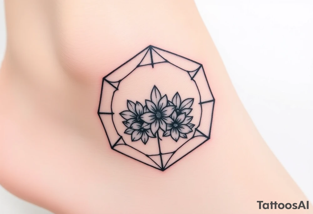 Hexagon with astrological sign for Leo, larkspur and water lilies in the center tattoo idea