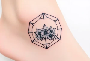 Hexagon with astrological sign for Leo, larkspur and water lilies in the center tattoo idea