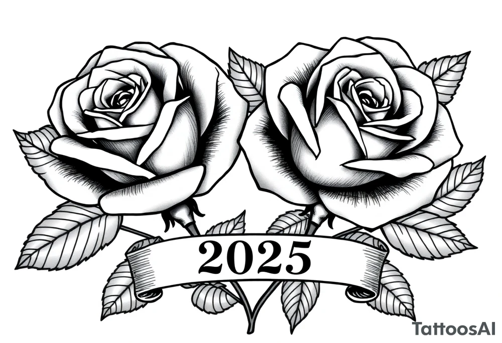 two beautiful large rose buds, one larger than the other, with lots and lots of leaves next to the rose buds, with one sitting slightly higher than the other, side-by-side.  Include a banner connecting the two roses with the year 2025 on it.   Use dark outlines with little shading. No stems tattoo idea