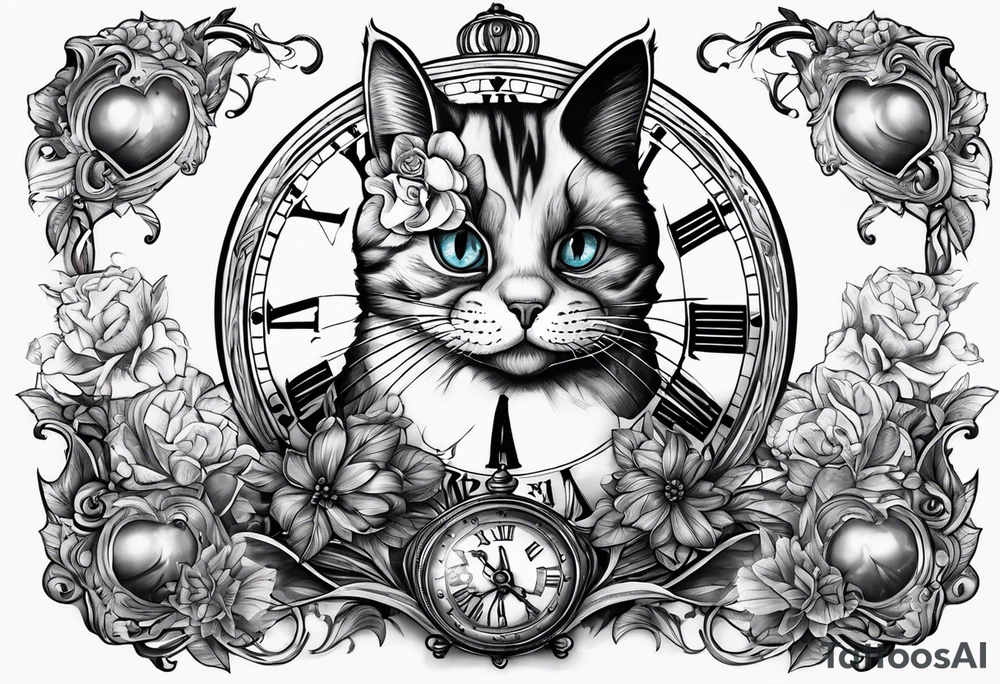 Chester cat on Alice in wonderland. Clock hour glass tattoo idea