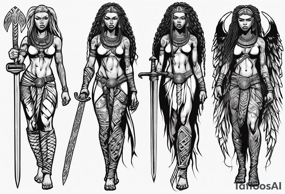 African female Viking valkyre angel full body 
slim long face small mouth long braided hair holding sword tattoo idea