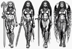 African female Viking valkyre angel full body 
slim long face small mouth long braided hair holding sword tattoo idea