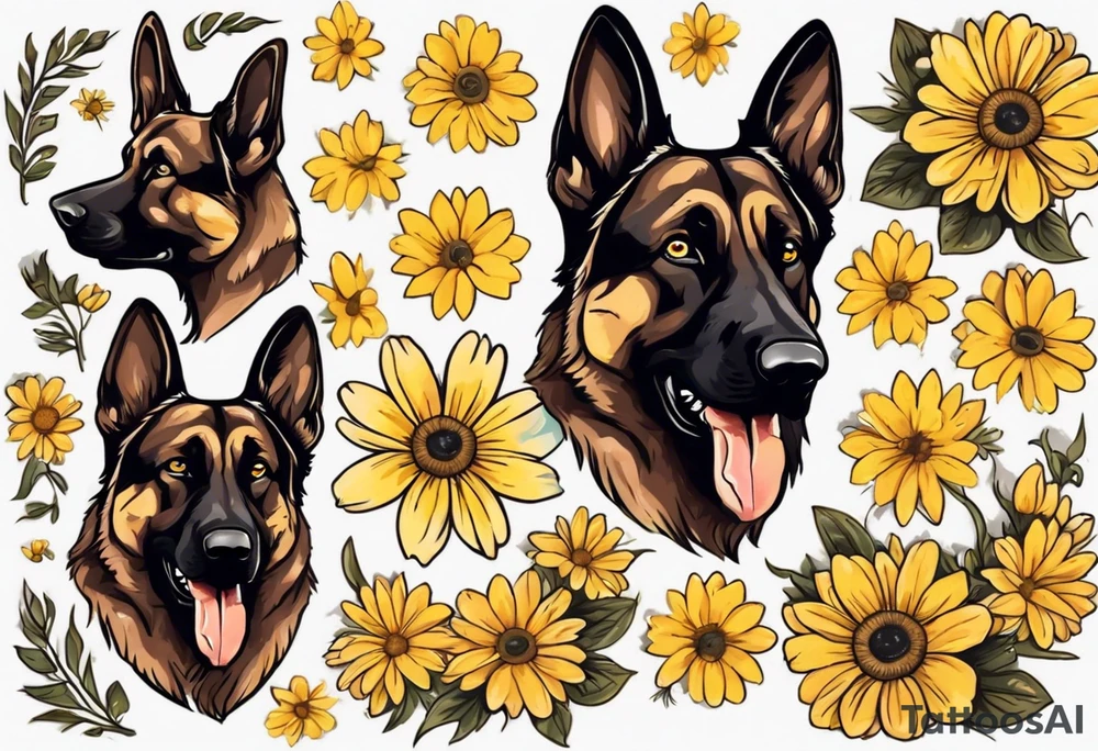 Dark Brown German shepherd portrait surrounded by yellow daisies tattoo idea