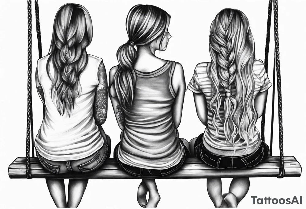 Create a realistic tattoo design of three girls sitting from behind on a swing. The first girl on the left is the oldest and has long hair. The second girl, sitting in the middle, is the middle child and has shorter hair. The third girl, sitting on the right, is the youngest and has two pigtails tattoo idea