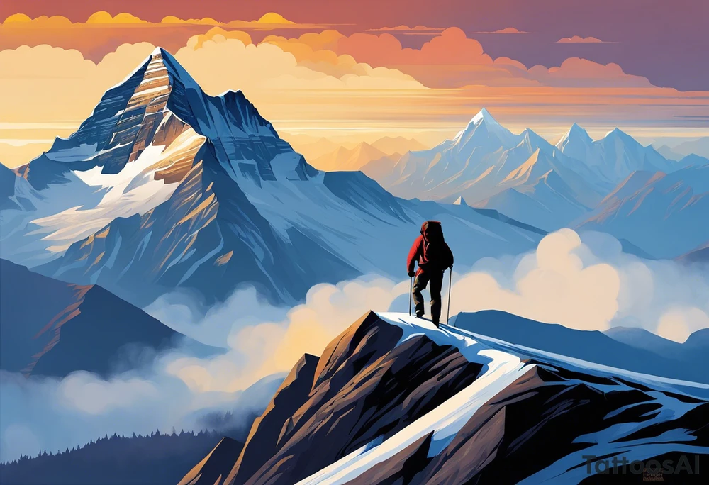 I would like a tattoo inspired by Jon Krakauer’s “Into Thin Air” that symbolizes perseverance and overcoming difficult challenges.

Elements to Include:

	1.	Mount Everest - A detailed depiction of the mountain, focusing on its iconic peak. This will represent the ultimate challenge and the setting of the book.
	2.	Climber Silhouette - A small, determined climber making their way up the mountain, symbolizing perseverance and the human spirit’s resilience.
	3.	Quotes from the Book - Integrate a quote that embodies the theme of perseverance. Consider:
	•	“Getting to the top is optional. Getting down is mandatory.”
	•	“Because it is there.”
	4.	Weather Elements - Include storm clouds, snow, and wind to represent the harsh conditions and struggles faced.
	5.	Compass or Altimeter - To signify direction and the elevation achieved through perseverance.

Design Style:

	•	I envision a realistic yet slightly abstract style, with strong lines and shading to convey the intensity of the journey.
	•	The tattoo can be either black and grey or include subtle blue tones to evoke the cold, harsh environment of Everest. tattoo idea