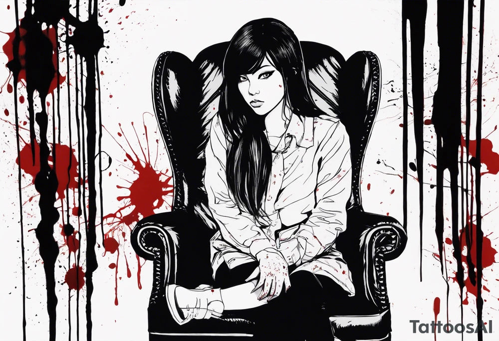 Portrait of tomie sitting on a chair. Tomie is a character of the autor junji ito
 Add some blood marks around. More blood splating around her tattoo idea