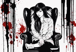 Portrait of tomie sitting on a chair. Tomie is a character of the autor junji ito
 Add some blood marks around. More blood splating around her tattoo idea