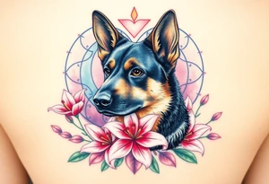 realistic german shepherd dog with pink lily flowers in front of sacred heart tattoo idea