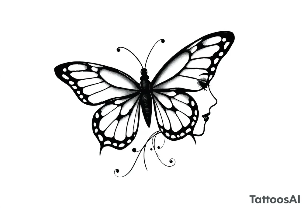 a butterfly half side with womans face tattoo idea