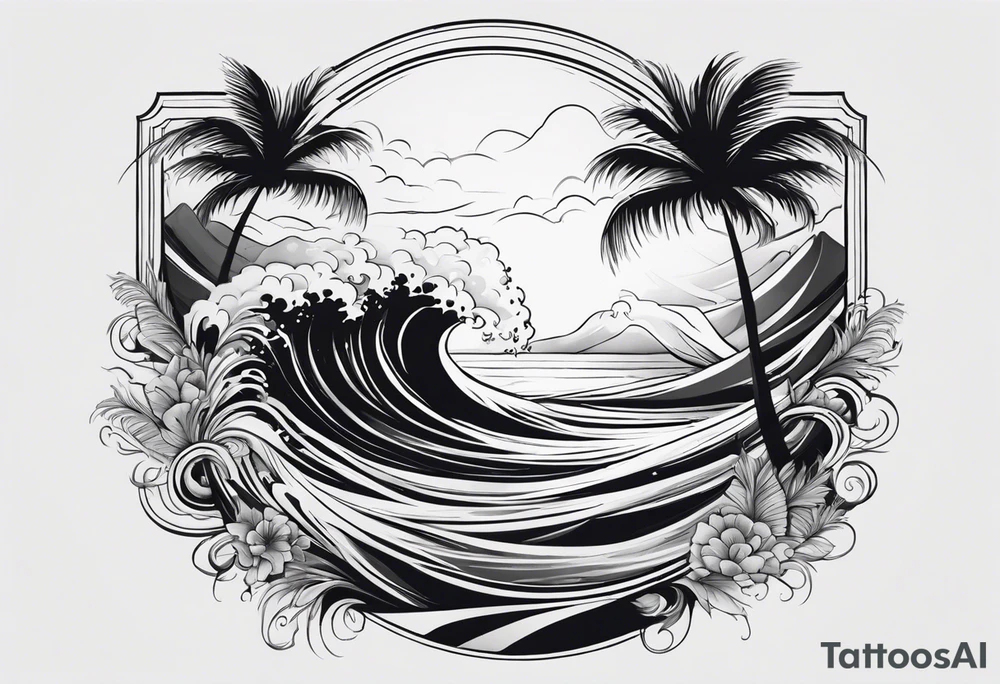 Design a large chest tattoo featuring a crashing wave at the center, with palm trees gracefully positioned on either side. The ocean’s curves should integrate names written in flowing script, resembling water movements. The overall style is serene and meaningful, combining family elements with nature. tattoo idea