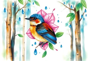forest trees background
blue rain drops
pink camelia flower
blue and brown wren bird tattoo idea