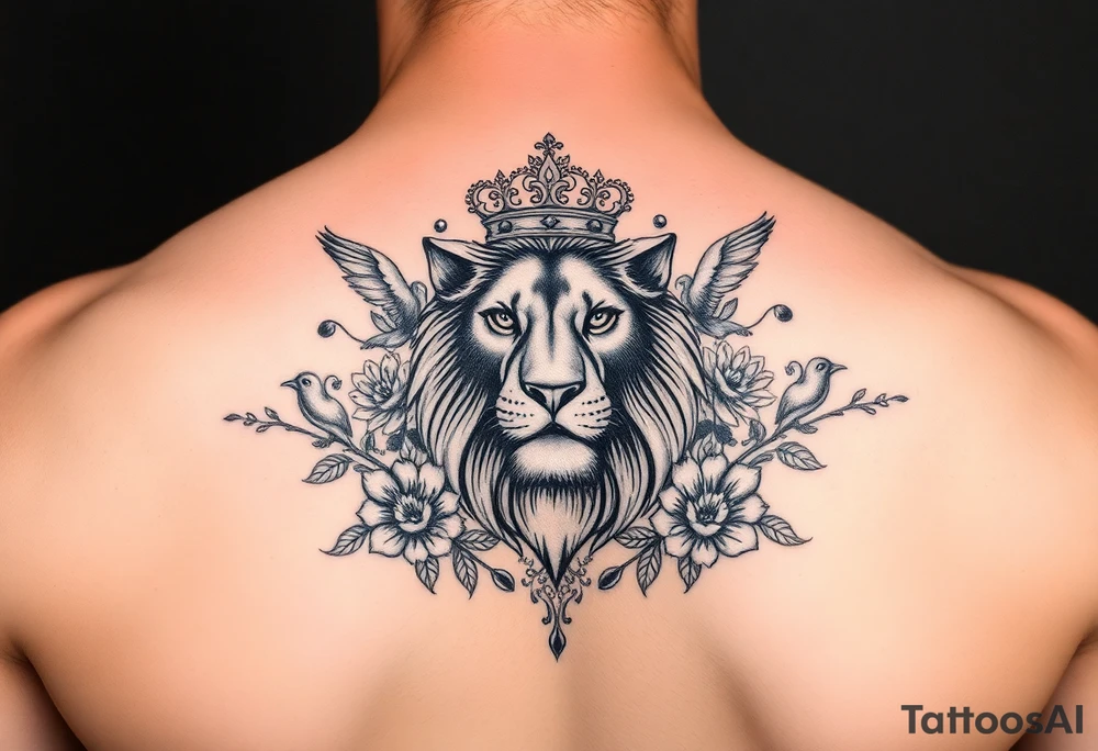 powerful majestic lion with a crown, surrounded by floral ornaments and birds tattoo idea