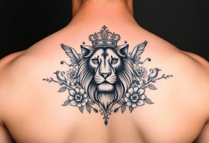 powerful majestic lion with a crown, surrounded by floral ornaments and birds tattoo idea