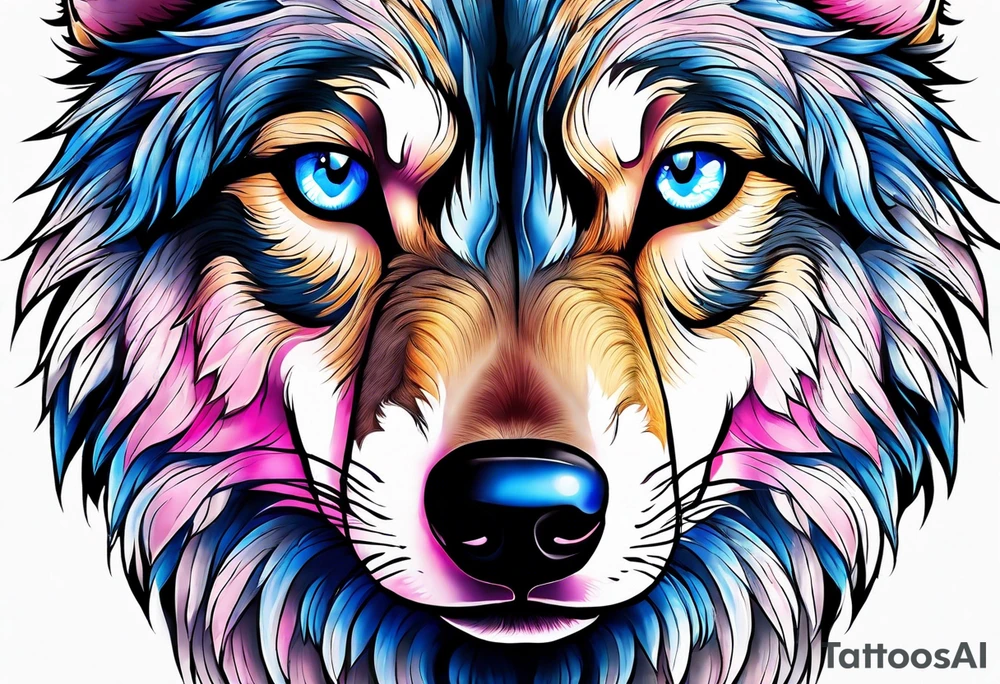 strong wolf gentle eyes "one blue eye" "one pink eye" tattoo idea
