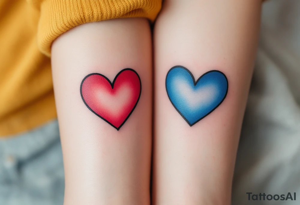 Matching black outline hearts filled with half red and half blue gradient, representing individuality and connection. tattoo idea