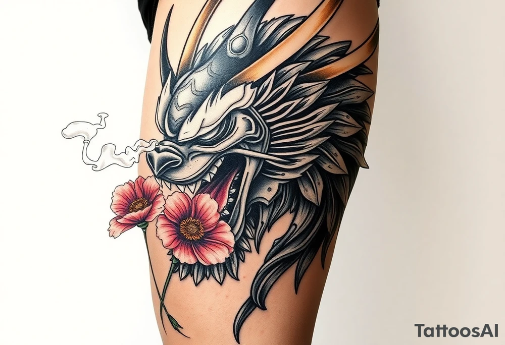 Big Rouge ronin to cover the entire thigh with smoke coming out of its mouth with 11b tattooed under its left eye with 1 poppy on each side of the ronin tattoo idea