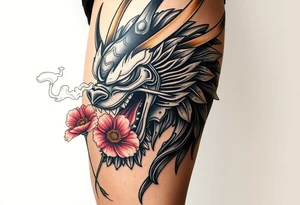 Big Rouge ronin to cover the entire thigh with smoke coming out of its mouth with 11b tattooed under its left eye with 1 poppy on each side of the ronin tattoo idea