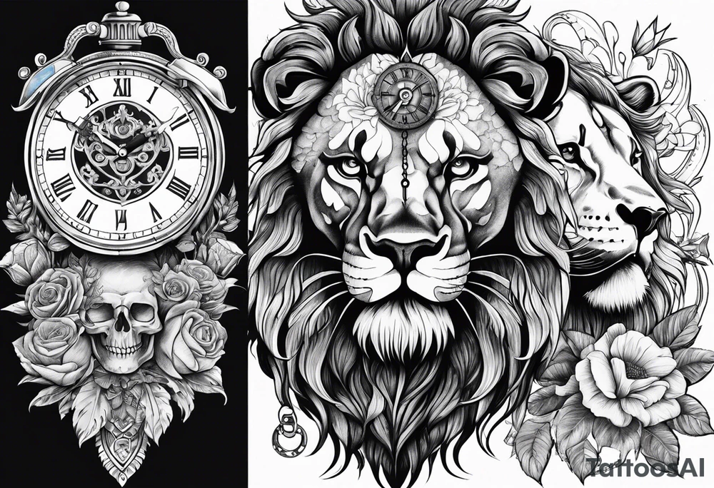 skull, lion, clock, flower, trident, anchor, tattoo idea