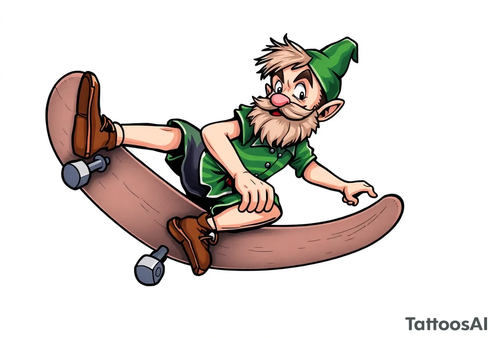 an old bearded peter pan riding a skateboard tattoo idea