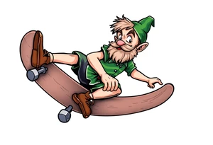 an old bearded peter pan riding a skateboard tattoo idea