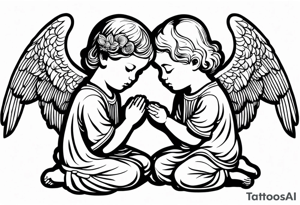 three angels praying together. The two boy angels are on either side of the girl angel, with their wings gently enfolding tattoo idea