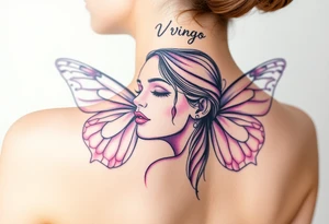 A dreamy portrait of a woman with delicate butterfly wings, in soft lavender, pink, and pearl white hue with the word Virgo above her head tattoo idea