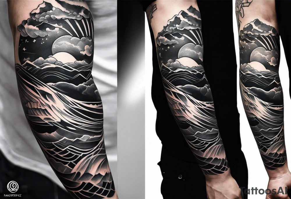 From left shoulder to forearm sleeve tattoo. Fine line geometric, concept design tattoo, ocean thunder fire nature, scale of justice tattoo idea