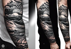 From left shoulder to forearm sleeve tattoo. Fine line geometric, concept design tattoo, ocean thunder fire nature, scale of justice tattoo idea