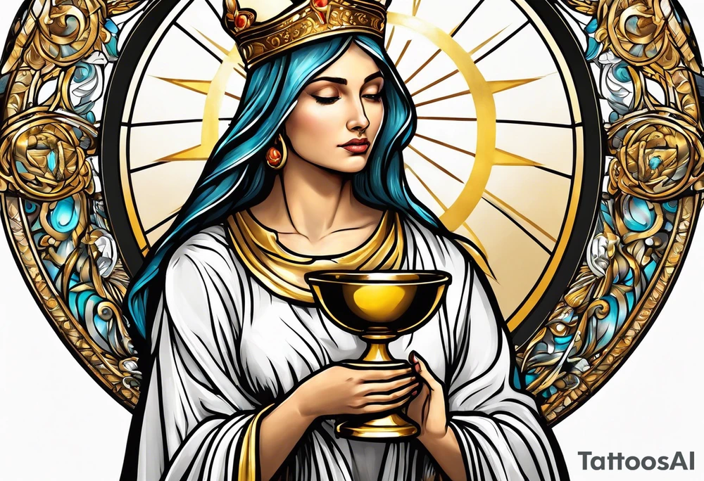 holy saint woman turned away with golden halo holding a chalice tattoo idea