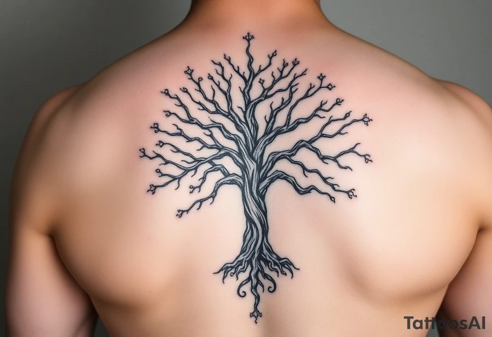 mystical tree of life with cosmic roots and celestial branches tattoo idea