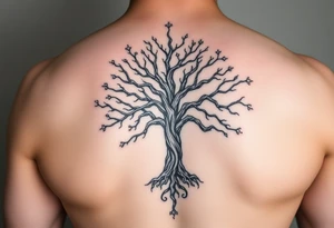 mystical tree of life with cosmic roots and celestial branches tattoo idea