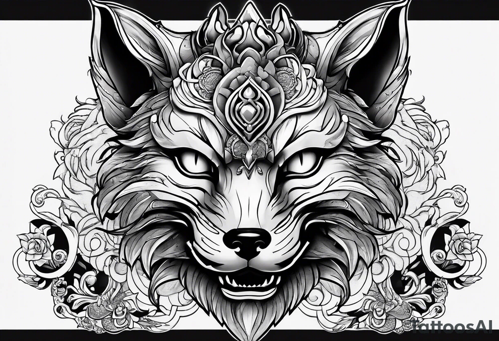 Split one side kitsune, other side oni mask tattoo idea